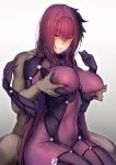  1boy 1girl bangs blush bodysuit breast_grab breasts clothed_female_nude_male covered_navel fate/grand_order fate_(series) grabbing gradient gradient_background grey_background hair_between_eyes hair_intakes highres large_breasts long_hair lun7732 nude parted_lips purple_hair red_eyes scathach_(fate)_(all) scathach_(fate/grand_order) sitting solo_focus thighs 