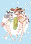  2girls :d asagumo_(kantai_collection) ball barefoot beachball bikini blush brown_eyes brown_hair green_bikini grey_eyes grey_hair groin hat innertube kantai_collection long_hair multiple_girls navel open_mouth orange_bikini polka_dot polka_dot_bikini shakemi_(sake_mgmgmg) sidelocks smile sun_hat swimsuit toes wristband yamagumo_(kantai_collection) 