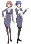  2girls atsuki0814 black_footwear black_legwear blue_eyes blue_hair brown_eyes brown_hair contrapposto formal hand_on_hip holding holding_paper long_sleeves multiple_girls office_lady pantyhose paper pencil_skirt short_hair skirt standing suit white_background 