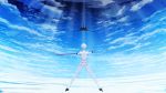 androgynous antarcticite artist_request cloud commentary_request from_behind gem_uniform_(houseki_no_kuni) gloves highres houseki_no_kuni ice light_rays outdoors scabbard scenery sheath short_hair sky solo sunbeam sunlight sword weapon white_hair 