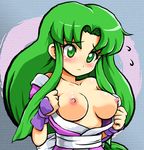  blush breasts ganbare_goemon green_eyes green_hair japanese_clothes konpeto long_hair medium_breasts ninja nipples open_clothes open_shirt shirt solo yae_(ganbare_goemon) 