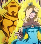  1girl bare_shoulders blonde_hair blue_dress blue_eyes chiko_(mario) collarbone commentary crown dress energy english_commentary hair_over_one_eye jojo_no_kimyou_na_bouken long_hair looking_at_viewer mario_(series) muscle nintendo open_mouth phiphi-au-thon rosetta_(mario) shaded_face stand_(jojo) star super_mario_galaxy super_smash_bros. twitter_username upper_body v-shaped_eyebrows 