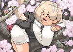  1girl blonde_hair blush_stickers branch closed_eyes commentary_request flower highres in_tree kemono_friends long_sleeves pink_footwear puffy_shorts rinx shirt shoes short_hair shorts silky_anteater_(kemono_friends) sleeping solo tail tree white_shirt white_shorts 