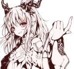  1girl arknights bangs commentary_request earrings eyebrows_visible_through_hair grin hair_between_eyes highres horns jewelry long_hair long_sleeves mage_(335656) multicolored_hair multiple_monochrome nian_(arknights) provocation purple_eyes red_hair smile solo streaked_hair upper_body 