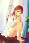  1girl ass bare_legs barefoot blurry brown_hair collared_shirt curtains day depth_of_field hair_ribbon highres indoors interlocked_fingers knees_up kusaka_kou long_hair long_sleeves looking_at_viewer no_pants on_floor original own_hands_together plant potted_plant purple_eyes ribbon shirt sitting smile solo sunlight white_shirt 