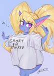  blonde_hair blue_body blue_hair blue_skin blush clothing collarbone english_text eyebrow_through_hair eyebrows fangs female gesture hair hi_res huarbodraw humanoid_pointy_ears league_of_legends long_hair long_shirt long_sleeves long_twintails looking_at_viewer not_furry pigtails purple_eyes riot_games shirt short_stack simple_background solo text thick_thighs tied_hair topwear translucent translucent_hair v_sign video_games white_clothing white_shirt white_topwear yordle 