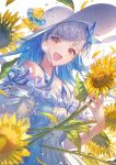  1girl :d artist_name bangs bare_shoulders bird blue_dress blue_hair blue_ribbon blunt_bangs brown_eyes collarbone commentary_request dress duck duckling eyebrows_visible_through_hair flower frilled_dress frills hat holding holding_flower innertube lize_helesta multicolored_hair nijisanji open_mouth ribbon signature silver_hair simple_background smile solo sun_hat sunflower sunflower_petals two-tone_hair upper_body virtual_youtuber wadanaka water_drop white_background white_headwear 