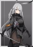  1girl animal_ears arknights bangs black_gloves black_legwear blush boots bunny_ears commentary_request cowboy_shot eyebrows_visible_through_hair gloves grey_eyes haguruma_(hagurumali) highres holding holding_weapon jacket long_hair looking_at_viewer pantyhose savage_(arknights) silver_hair solo standing thigh_boots thighhighs weapon 