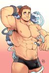  1boy abs arm_up armpit_hair bara brown_hair bulge chest facial_hair flexing gunzo_(tokyo_houkago_summoners) highres male_focus male_pubic_hair male_underwear muscle nipples p2yong pectoral_grab pectorals pose pubic_hair scar shaving shirtless solo spirit thick_eyebrows thighs tokyo_houkago_summoners underwear underwear_only upper_body 