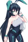 1girl adapted_costume animal_ears bare_shoulders black_hair breasts bunny_ears bunny_girl bunny_tail bunnysuit choker cleavage covered_navel from_above green_eyes gundam gundam_build_divers gundam_build_divers_re:rise large_breasts long_hair looking_at_viewer may_(gundam_build_divers_re:rise) simple_background solo tail uganda very_long_hair white_background wrist_cuffs 