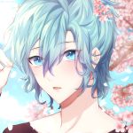  1boy aqua_eyes artist_name bangs blue_eyes blurry blurry_background cherry_blossoms close-up commentary_request depth_of_field eyebrows_visible_through_hair face flower gem hair_between_eyes hair_flower hair_ornament hasu_(selisa) highres holding holding_hair looking_at_viewer male_focus mikaze_ai open_mouth outdoors parted_lips petals pink_flower short_hair solo spring_(season) tree uta_no_prince-sama 