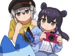  2girls alternate_costume bag bangs black_hair black_headwear blush_stickers brown_eyes bug butterfly camera casual commentary_request eyebrows_visible_through_hair eyes_visible_through_hair hair_between_eyes hat highres holding holding_camera insect kemono_friends long_hair long_sleeves lucky_beast_(kemono_friends) malayan_tapir_(kemono_friends) multiple_girls rinx simple_background smile southern_tamandua_(kemono_friends) white_background white_hair 