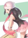  1girl :o ametani_kuko bag beanie black_hair boots commentary_request duffel_bag hair_ornament hat hikari_(pokemon) holding holding_bag long_hair open_mouth pink_footwear pink_scarf pink_skirt pokemon pokemon_(game) pokemon_dppt scarf sidelocks skirt solo two-tone_background white_headwear 