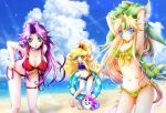  3girls angela_(seiken_densetsu_3) armpits arms_behind_back arms_up barefoot beach bent_over bikini blonde_hair blue_bikini blue_eyes blue_sky bow breasts charlotte_(seiken_densetsu_3) cinderella_bust cleavage cloud collarbone covered_nipples cowboy_shot day eyebrows_visible_through_hair flat_chest floating_hair frilled_bikini frills front-tie_bikini front-tie_top green_bikini green_eyes groin hair_bobbles hair_intakes hair_ornament innertube jewelry large_breasts long_hair looking_at_viewer medium_breasts multiple_girls navel ocean outdoors purple_hair red_bikini riesz seiken_densetsu seiken_densetsu_3 shindou_hayato shiny shiny_hair side-tie_bikini side_ponytail sideboob sky standing swimsuit thigh_strap underboob undressing untied untied_bikini very_long_hair yellow_bow 