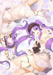  2girls :d bangs bare_shoulders bow bracelet breasts brown_bow brown_hairband commentary dress english_commentary euryale eyebrows_visible_through_hair fate/grand_order fate/hollow_ataraxia fate_(series) floating grey_footwear hairband high_heels highres jewelry kotoribako long_dress long_hair looking_at_viewer midriff multiple_girls open_mouth parted_bangs pleated_skirt purple_eyes purple_hair siblings sideboob skirt smile stheno twins twintails vest white_dress white_skirt white_vest wristband 