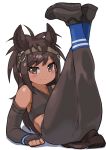  1girl animal_ear_fluff animal_ears bare_shoulders black_gloves black_hair black_legwear black_sports_bra bridle brown_eyes brown_thoroughbred_(kemono_friends) commentary dark_skin elbow_gloves extra_ears eyebrows_visible_through_hair fingerless_gloves full_body gloves highres horse_ears horse_tail kemono_friends legs_up light_smile long_hair looking_at_viewer rinx simple_background solo sports_bra tail white_background 