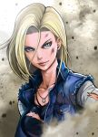  1girl android_18 asymmetrical_hair blonde_hair breasts collarbone denim denim_jacket dirty dirty_face dragon_ball dragon_ball_z dust_cloud earrings eyelashes forehead green_eyes hair_between_eyes highres jewelry lips medium_breasts necklace nose pendant smirk solo to-ru torn_clothes torn_sleeves tsurime upper_body 