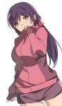  1girl brown_shorts deyuuku eyebrows_visible_through_hair green_eyes jacket long_hair long_sleeves looking_at_viewer love_live! love_live!_school_idol_project low_twintails purple_hair red_jacket scrunchie short_shorts shorts simple_background solo toujou_nozomi twintails white_background yellow_scrunchie 