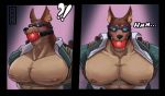  ?! anthro ball_gag bdsm blush bondage bound canid canine canis clothed clothing dobermann domestic_dog eyewear gag glowing glowing_eyes male mammal nipples not-reccomendable-for-work open_shirt pecs pinscher rope shirt solo suit sunglasses tokyo_afterschool_summoners topwear video_games xolotl 