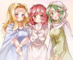  3girls blonde_hair blue_eyes blush cape circlet crossed_arms dress edain_(fire_emblem) fire_emblem fire_emblem:_genealogy_of_the_holy_war fire_emblem:_mystery_of_the_emblem fire_emblem:_thracia_776 green_eyes green_hair hands_clasped jewelry lena_(fire_emblem) long_hair long_sleeves looking_at_viewer medium_hair multiple_girls open_mouth own_hands_together red_eyes red_hair safi_(fire_emblem) smile sui_(aruko91) 