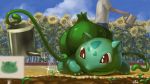  bulbasaur character_print closed_mouth cloud commentary_request day flower gen_1_pokemon highres outdoors plant pokemon pokemon_(creature) red_eyes shirt short_sleeves sky soil sparkle sprout sunflower supearibu vines water watering_can white_shirt 
