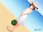  1girl alternate_costume barefoot beach blue_sky brown_hair commentary_request csr201 day dress dutch_angle food fruit hat horizon kantai_collection looking_at_viewer mutsuki_(kantai_collection) ocean outdoors red_hair short_hair sky sleeveless solo standing straw_hat sun_hat sunglasses watermelon white_dress 