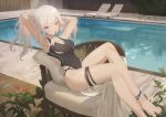  1girl ak-12_(girls_frontline) anklet armpits bangs bare_shoulders barefoot blunt_bangs breasts chair cirilla cleavage cushion flower girls_frontline hair_tie_in_mouth highleg highres jewelry large_breasts long_hair mouth_hold pale_skin plant pool purple_eyes scenery silver_hair sitting swimsuit thigh_strap thighs toes water 