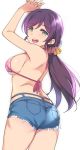  1girl :d arms_up bikini bikini_top breasts denim denim_shorts deyuuku eyebrows_visible_through_hair from_behind green_eyes hair_ornament hair_scrunchie long_hair looking_at_viewer love_live! love_live!_school_idol_project low_twintails open_mouth pink_bikini polka_dot polka_dot_bikini purple_hair scrunchie shorts simple_background smile solo swimsuit teeth toujou_nozomi twintails upper_teeth white_background yellow_scrunchie 