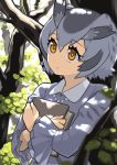  1girl alternate_costume bangs book book_hug commentary_request crossed_arms eyebrows_visible_through_hair grey_hair hair_between_eyes highres holding holding_book kemono_friends long_sleeves looking_away multicolored_hair northern_white-faced_owl_(kemono_friends) orange_eyes rinx short_hair solo tree two-tone_hair upper_body 