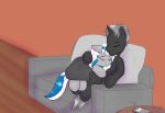  absurd_res bedding black_body black_fur blanket blush cuddling detailed_background duo equid equine eyes_closed fan_character female feral fur furniture grey_body grey_fur happy hasbro hi_res itwasscatters lady_lightning_strike_(oc) male male/female mammal my_little_pony notebook sofa the_ghost_(oc) 