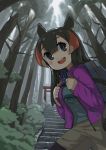  1girl :d alternate_costume backpack bag bangs beige_shorts black_eyes black_hair black_legwear blue_shirt character_name clothes_writing commentary day eyebrows_visible_through_hair forest hair_between_eyes highres holding_strap jacket kemono_friends legwear_under_shorts long_hair long_sleeves looking_at_viewer mountain_tapir_(kemono_friends) nature open_mouth outdoors pantyhose pink_jacket red_hair rinx shirt shorts smile solo stairs torii tree upper_teeth 