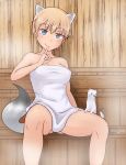  1girl absurdres animal animal_ears ass_visible_through_thighs blonde_hair blush bookmarkahead brave_witches breasts closed_mouth collarbone finger_to_mouth highres large_breasts looking_at_viewer naked_towel nikka_edvardine_katajainen sauna shiny shiny_hair short_hair sitting smile spread_legs tail towel weasel weasel_ears weasel_tail world_witches_series 