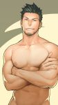  1boy abs bara beard black_hair chest crossed_arms facial_hair green_eyes gyee highres hood hoodie itto_(mentaiko) looking_at_viewer male_focus manly muscle naked_hoodie navel nipples pectorals priapus priapus_(gyee) shirtless solo tattoo upper_body 