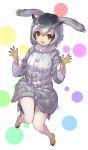  1girl :d bangs black_hair brown_eyes eyebrows_visible_through_hair full_body fur_collar gloves gradient_hair grey_hair hair_between_eyes hands_up head_wings highres kemono_friends long_sleeves looking_at_viewer multicolored_hair northern_white-faced_owl_(kemono_friends) open_mouth pantyhose shoes simple_background smile solo tadano_magu white_legwear yellow_footwear yellow_gloves 