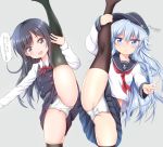  2girls anchor_symbol asashio_(kantai_collection) belt black_hair black_legwear blue_eyes dress eyebrows_visible_through_hair flat_cap hat hibiki_(kantai_collection) highres kantai_collection leg_grab leg_up long_hair long_sleeves looking_at_viewer multiple_girls open_mouth panties pinafore_dress pleated_skirt red_neckwear ribbon school_uniform serafuku silver_hair skirt speech_bubble tamayan thighhighs translation_request twitter_username underwear v white_panties 