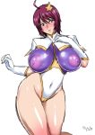  1girl ahoge akikusa_peperon breasts cameltoe cosplay covered_navel covered_nipples gundam gundam_seed gundam_seed_destiny hair_ornament highleg highleg_leotard impossible_clothes impossible_leotard large_breasts leotard looking_at_viewer lunamaria_hawke meer_campbell meer_campbell_(cosplay) purple_eyes red_hair shiny shiny_clothes shiny_hair shiny_skin short_hair simple_background skin_tight solo standing star_(symbol) star_hair_ornament white_background 