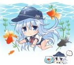  1girl anchor_symbol black_headwear black_sailor_collar blue_eyes blue_swimsuit chibi commentary_request fish fish_tank flat_cap freediving goldfish hat hibiki_(kantai_collection) hizuki_yayoi imagining kantai_collection long_hair sailor_collar sailor_shirt school_swimsuit school_uniform serafuku shirt silver_hair swimsuit swimsuit_under_clothes underwater 