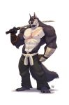  2020 abs anthro biceps bottomwear canid canine canis clothing digital_media_(artwork) facial_hair fur furrybob goatee hi_res male mammal melee_weapon muscular muscular_anthro muscular_male pecs scar simple_background solo standing sword weapon white_background wolf 