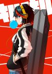  1girl absurdres bandaid bandaid_on_cheek bandaid_on_nose black_hair black_jacket blue_skirt breasts chewing_gum commentary_request eyebrows_visible_through_hair from_side hand_in_pocket headphones highres jacket kill_la_kill kya_(kyamonhara) long_sleeves looking_at_viewer matoi_ryuuko medium_breasts multicolored multicolored_clothes multicolored_hair multicolored_jacket pleated_skirt red_hair short_hair skirt solo streaked_hair suitcase translation_request v-shaped_eyebrows white_jacket 
