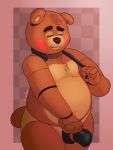  2017 animatronic anthro belly brown_body clothing covering covering_crotch eyes_closed five_nights_at_freddy&#039;s hat headgear headwear hi_res humanoid_hands machine male mammal oseterollicete overweight overweight_anthro robot smoosho solo ursid video_games 