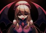  1girl allen_(makaroll) arm_ribbon artist_name bare_shoulders bat_wings black_background blonde_hair blood blood_in_mouth blood_on_chest blurry bow_hairband breasts cleavage collarbone commentary dark_background diamond_(shape) dress dripping elbow_gloves eyebrows_behind_hair fangs gloves gradient gradient_background hair_between_eyes hair_ribbon hairband half-closed_eyes impossible_clothes large_breasts long_hair looking_at_viewer lucia_(phantom_rose) open_mouth phantom_rose pink_hairband pink_ribbon pink_wings pointy_ears purple_dress purple_gloves red_eyes ribbon ruby_(gemstone) shaded_face sleeveless sleeveless_dress solo teeth tongue tongue_out upper_body vampire wings 