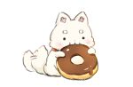  afterimage animal animal_focus blush chocolate_doughnut collar commentary_request dog doughnut eating food full_body holding holding_food original red_collar short_eyebrows simple_background tail tail_wagging thick_eyebrows wataame27 white_background 