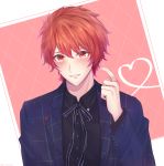  1boy bangs black_ribbon black_shirt blue_jacket blush collared_shirt commentary_request eyebrows_visible_through_hair hand_up hasu_(selisa) heart heart_of_string highres ittoki_otoya jacket long_sleeves looking_at_viewer male_focus neck_ribbon open_clothes open_jacket orange_eyes parted_lips pink_background plaid plaid_jacket red_hair ribbon shirt smile solo upper_body uta_no_prince-sama white_background 