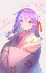  1girl bangs breasts closed_mouth fate/grand_order fate_(series) floral_print flower hair_flower hair_ornament hair_ribbon highres japanese_clothes kimono long_hair long_sleeves looking_at_viewer matou_sakura parvati_(fate/grand_order) pink_kimono purple_eyes purple_hair red_ribbon ribbon smile wide_sleeves zenshin 