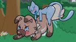  16:9 abdominal_bulge bodily_fluids cum cum_inflation duo etrola excessive_cum feral genital_fluids hi_res inflation legendary_pok&eacute;mon male male/male mew night nintendo outside pok&eacute;mon pok&eacute;mon_(species) rockruff video_games widescreen 