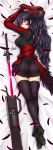  1girl absurdres adsouto ahoge bed bed_sheet black_hair breasts dakimakura gloves hair_between_eyes highres jewelry large_breasts long_hair mature necklace raven_branwen red_eyes rwby skirt smile sword thighhighs weapon 