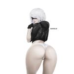  1girl arched_back ass black_gloves blindfold commentary from_behind gloves gozentomo3 highres hood hoodie lipstick looking_at_viewer looking_back makeup nier_(series) nier_automata panties short_hair simple_background solo thick_thighs thighs underwear white_background white_hair white_panties yorha_no._2_type_b 