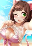  1girl :d animal_ears armpits blush breasts brown_hair cat_ears cat_tail cleavage fang green_eyes highres idolmaster idolmaster_cinderella_girls kibihimi looking_at_viewer maekawa_miku one_eye_closed open_mouth shirt shirt_lift short_hair smile solo swimsuit tail wet wet_clothes wet_shirt 