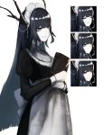  1girl black_hair book closed_eyes closed_mouth dragon_girl expressions green_eyes holding holding_book horns long_hair maid maid_headdress open_eyes original parted_lips simple_background smile solo standing sutorobo72 tachi-e white_background 