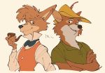  2020 anthro black_nose canid canine canis clothing disney domestic_dog fox fur group hair hat headgear headwear hi_res male mammal robin_hood robin_hood_(disney) sherlock_hound sherlock_hound_(series) simple_background uochandayo 